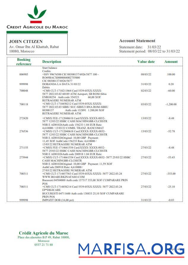 Downloadable Morocco Credit Agricole bank statement word template